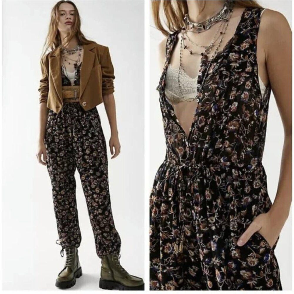 NWT Free People Samara Floral Tapered Jumpsuit Button Front Sleeveless Sz Small